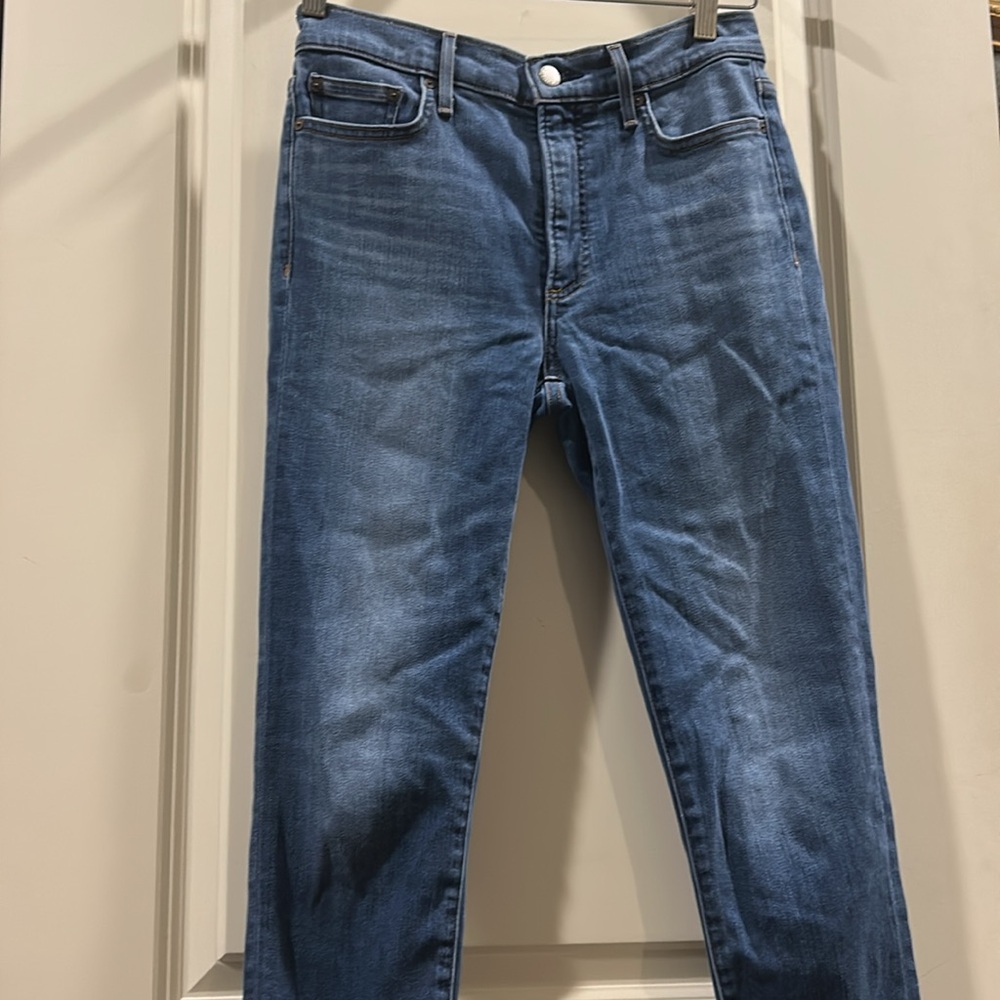 Aritzia Denim Forum The Arlo High Rise Straight Jeans Zip Fly undone raw hem 29